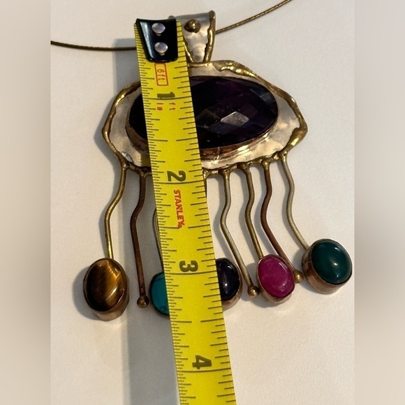 Elegant Artisan Multi Gemstone Pendant Hand Crafted 40mm Wire Necklace 4006 - Picture 13 of 16